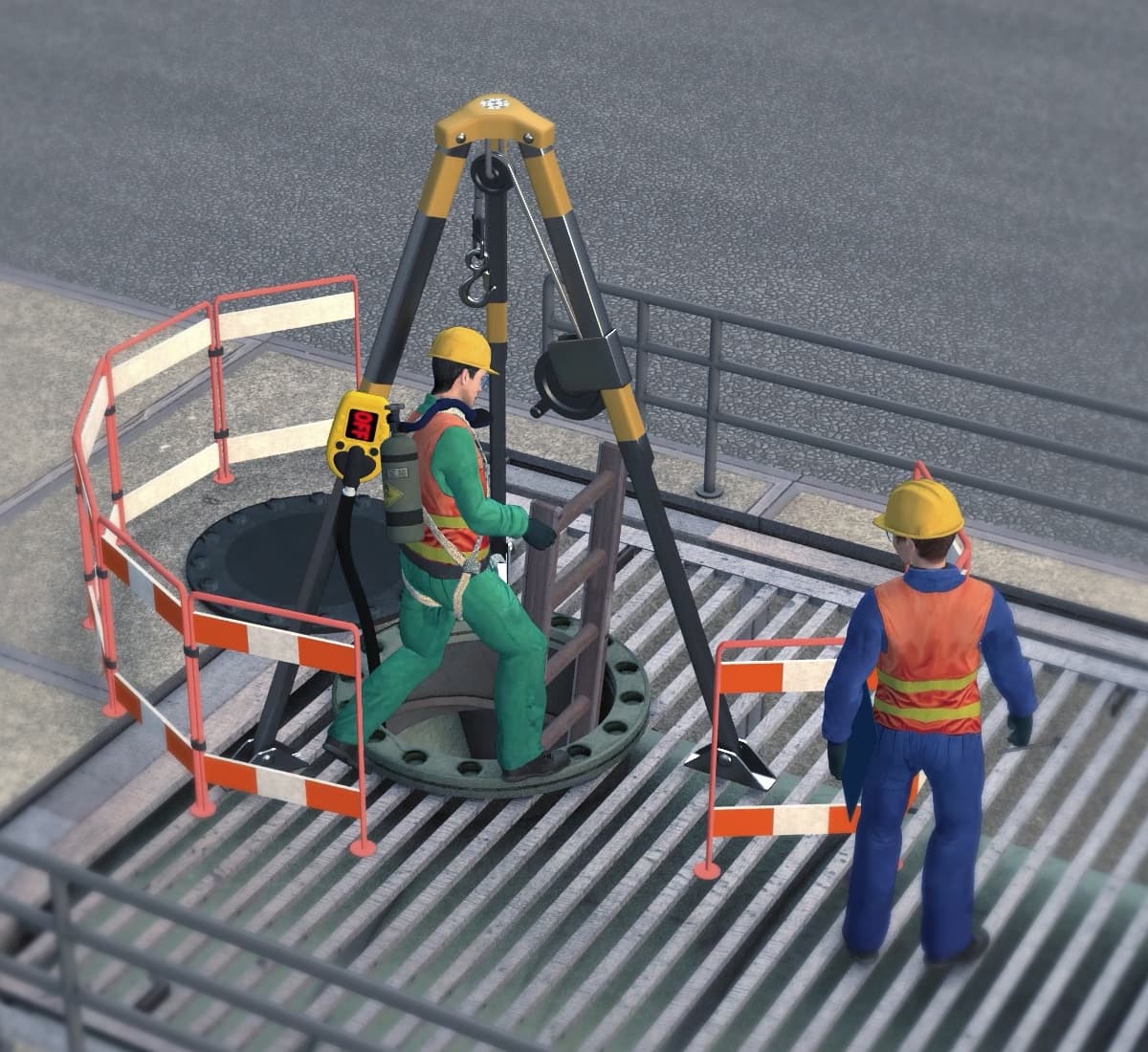 VR confined space entry training — worker performing a rescue-ready entry with tripod, winch, and safety attendant