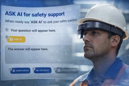 Worker wearing HeadSafe with Ask AI safety support overlay